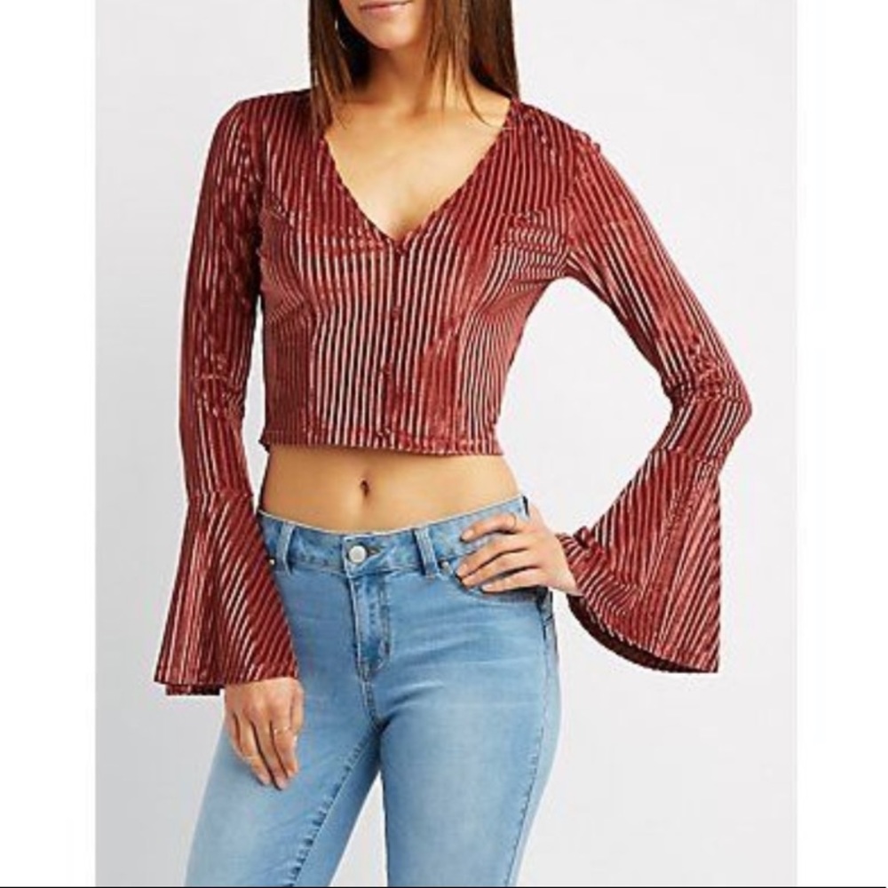 Stripe Velvet Belle Sleeve Cropped Top